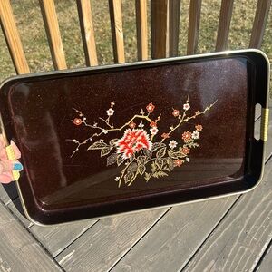 japanese lacquer tray flower motif with wrapped handles 19”by11” Vintage